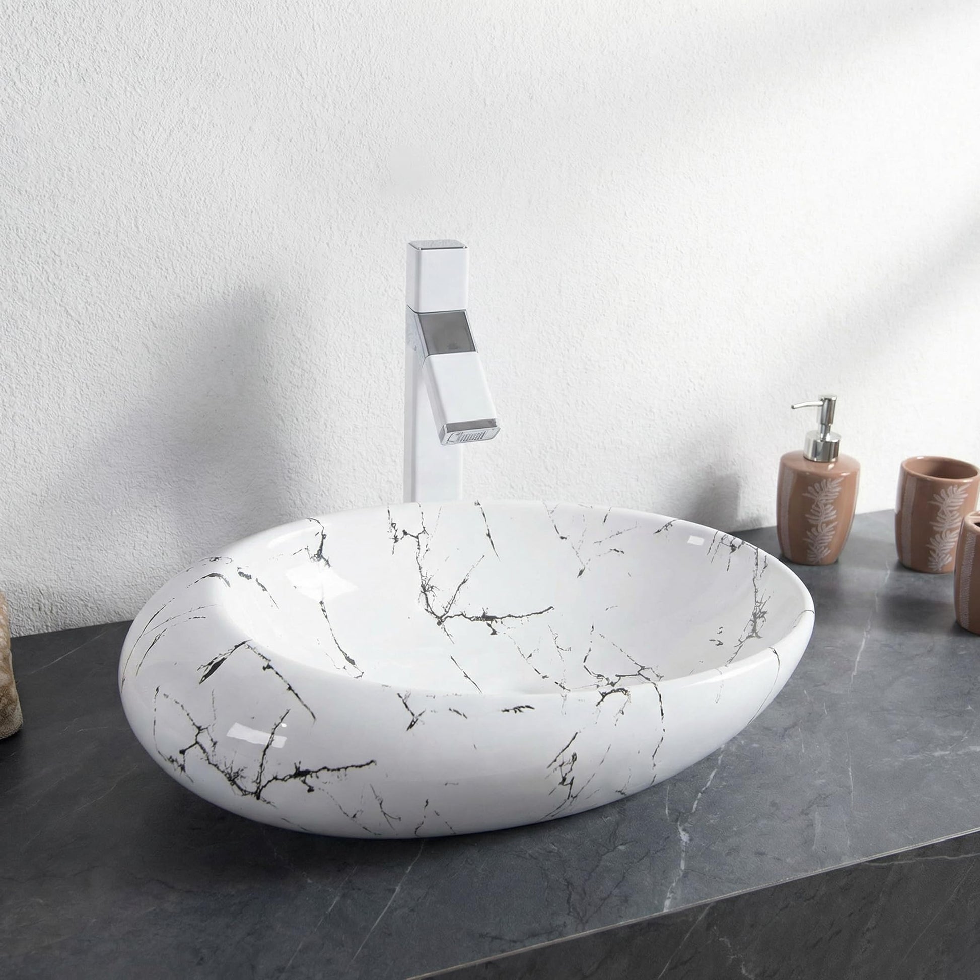 InArt table top wash basin design, ceramic rectangular Satvario white-grey marble finish, front view