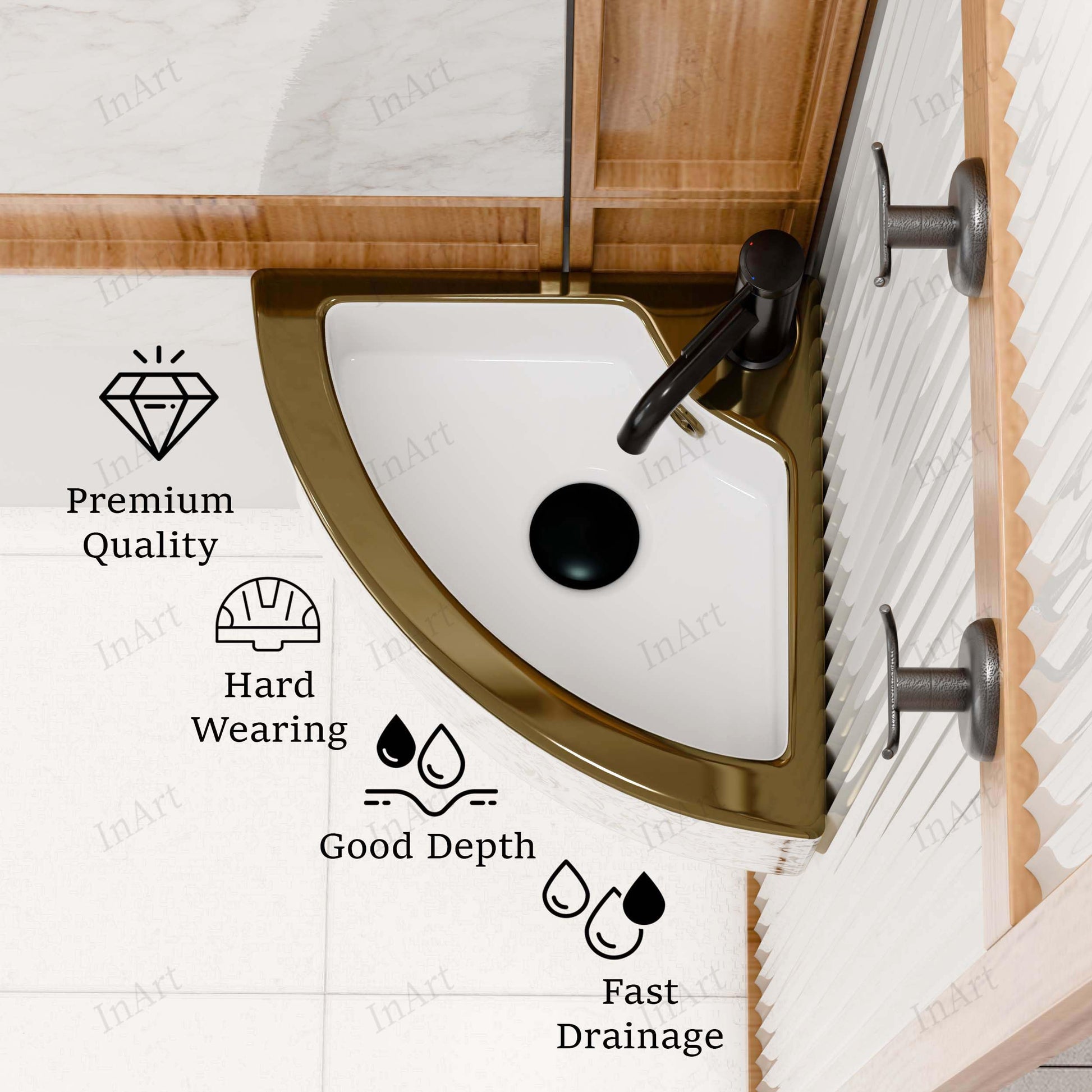 InArt designer wash basin table top in gold ceramic, 3/4 angle view for modern bathroom design