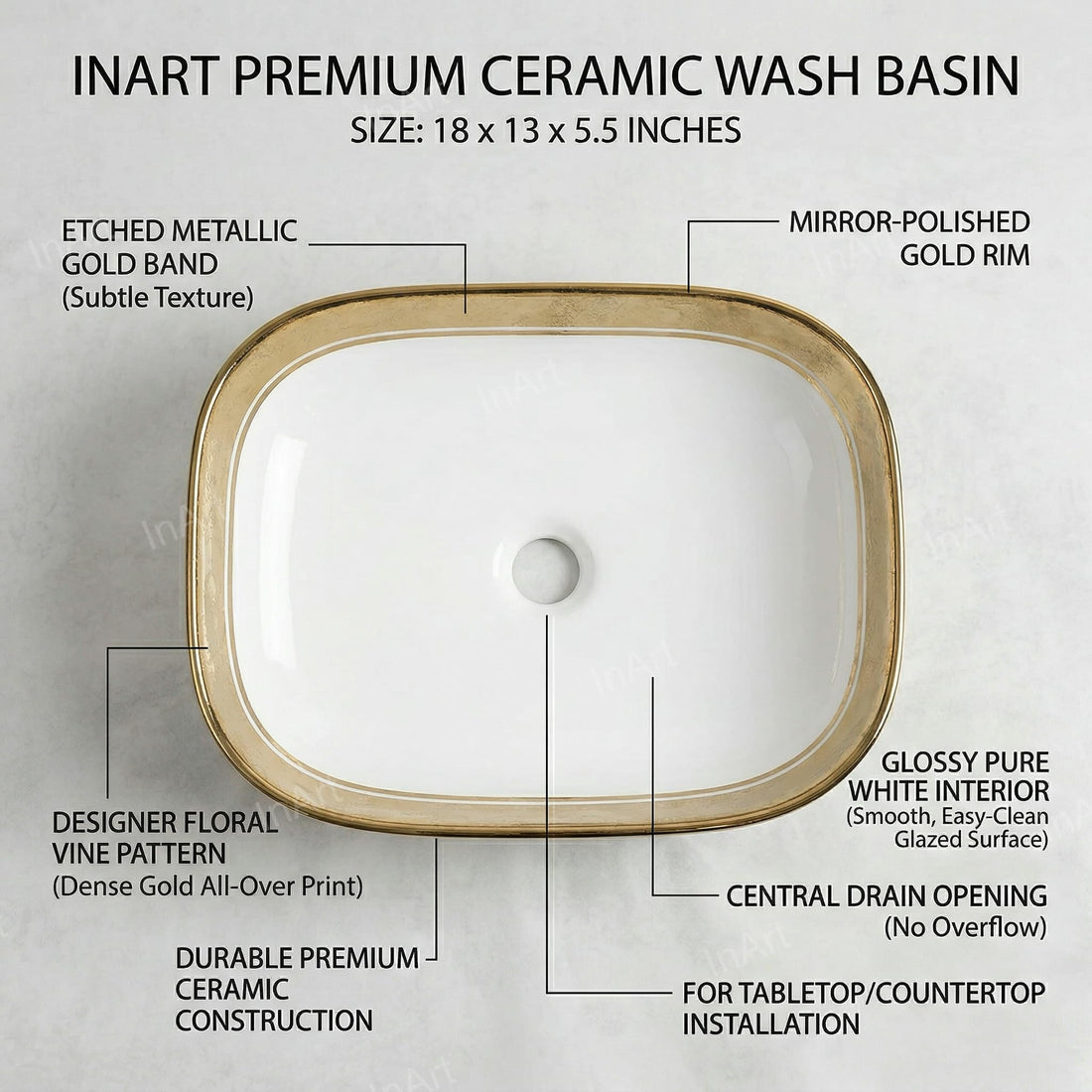 InArt ceramic table top wash basin, oval glossy white with gold rim, main front view