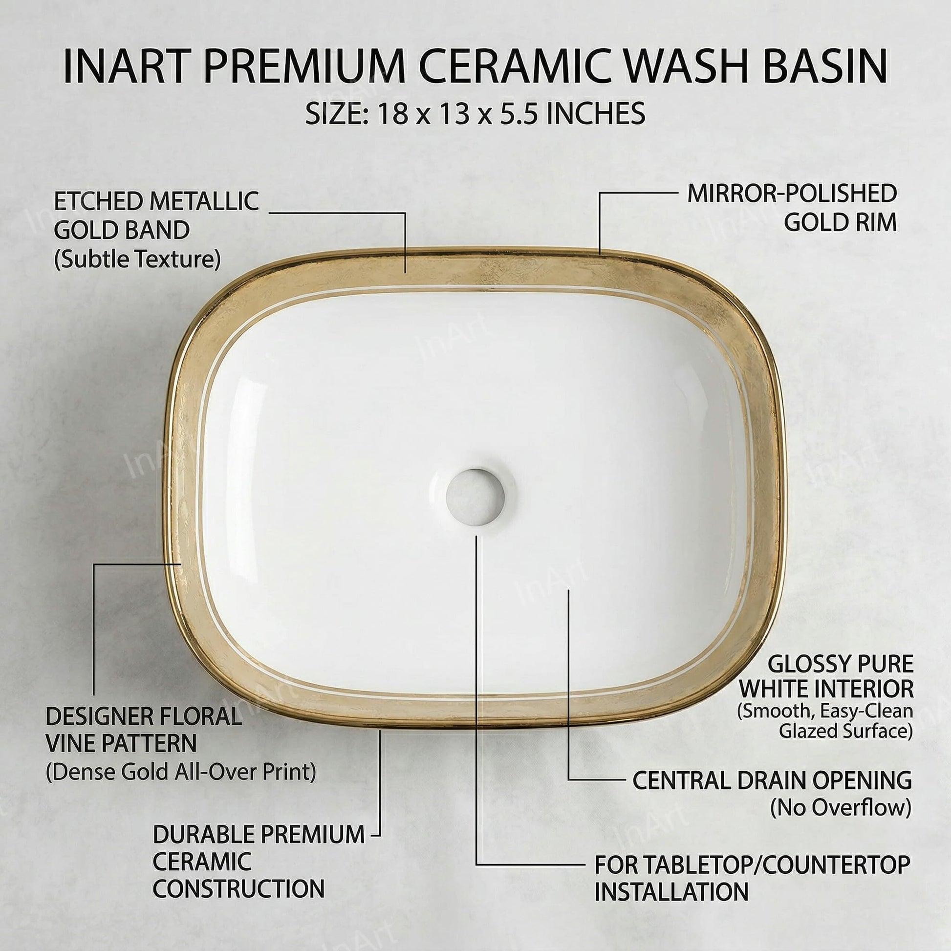 Designer table top basin design in glossy white-gold ceramic, angled view for modern bathroom