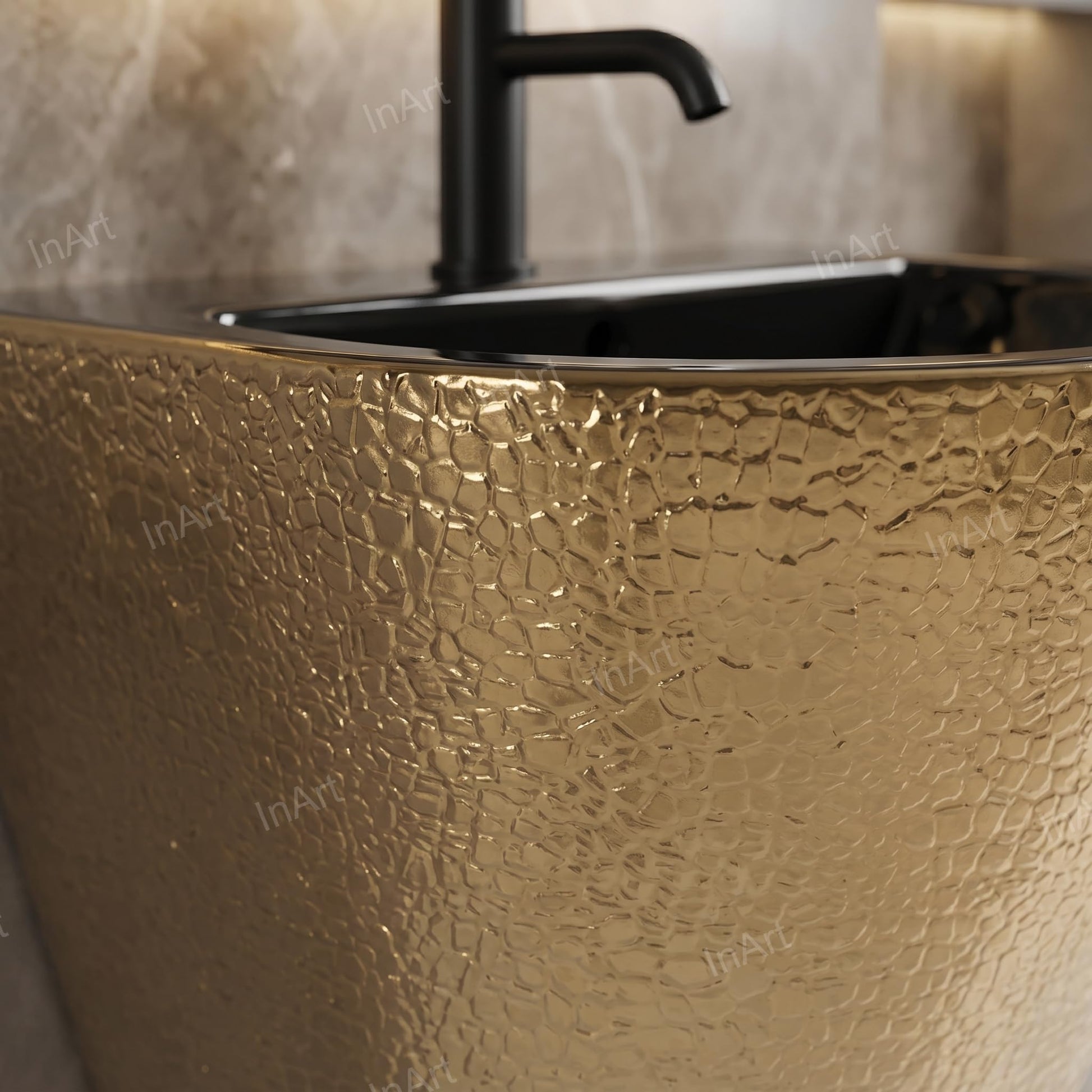 InArt luxury golden wash basin look in black gold, rectangular wall mount basin for upscale bathroom interior