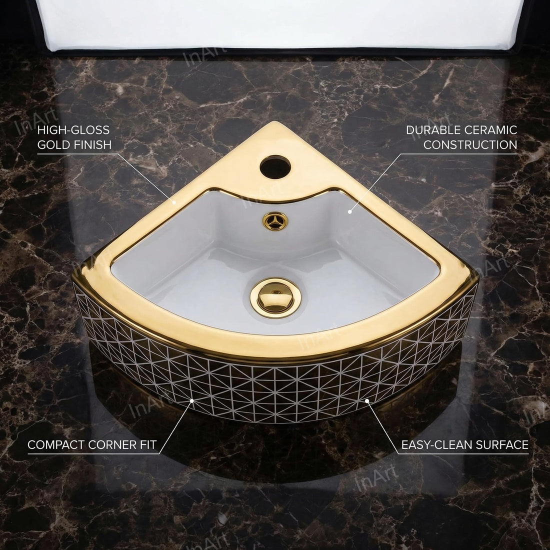 InArt ceramic corner wash basin design, square 14x14 inch glossy golden white, wall hung or table top