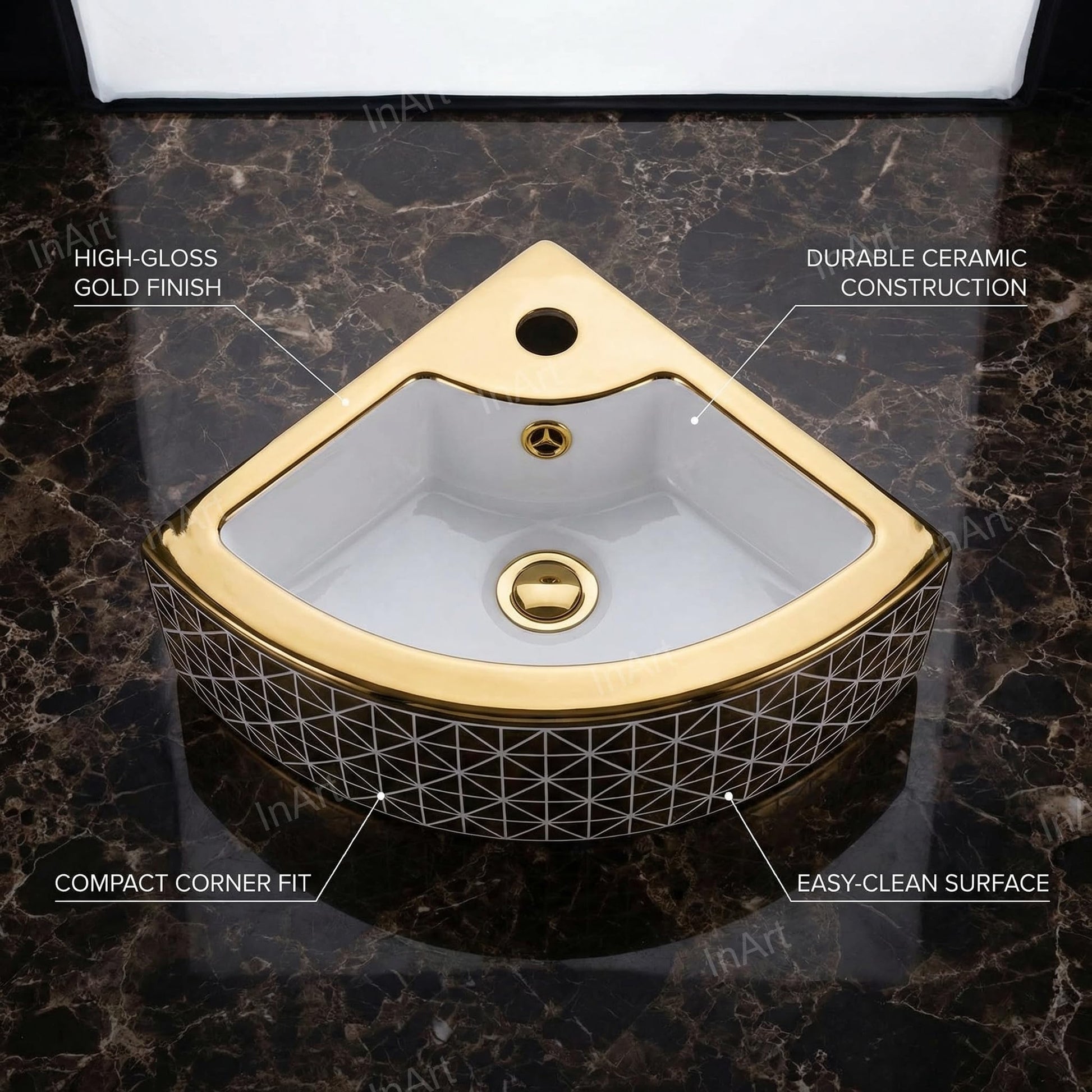 InArt designer small corner wash basin in glossy golden white ceramic, angled view for compact bathrooms