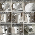 Modern pedestal wash basin design in white ceramic, round one piece pedestal basin rear angle view