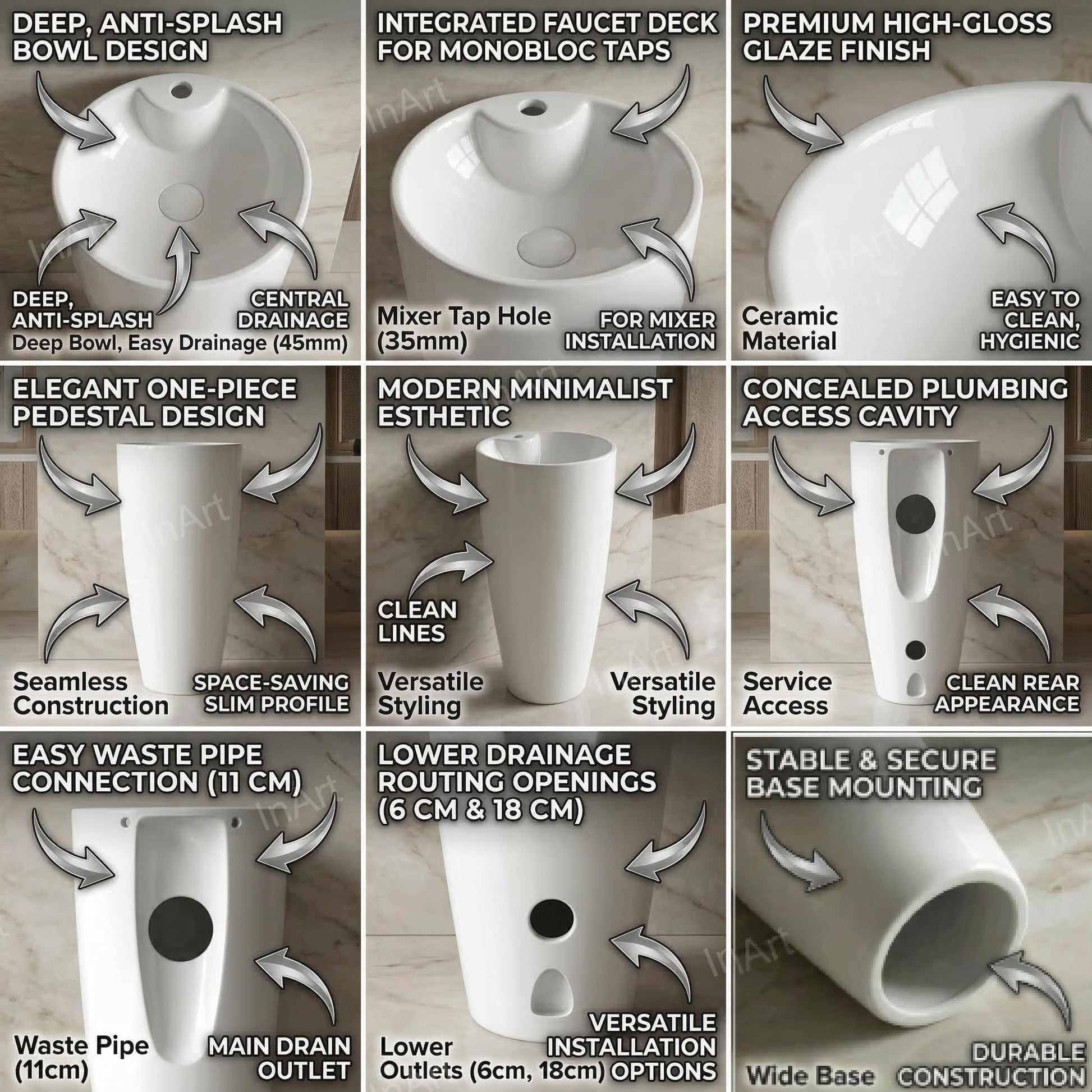 Modern pedestal wash basin design in white ceramic, round one piece pedestal basin rear angle view