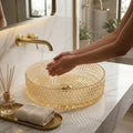 Side profile showing 120 mm height of round glass wash basin for table top installation