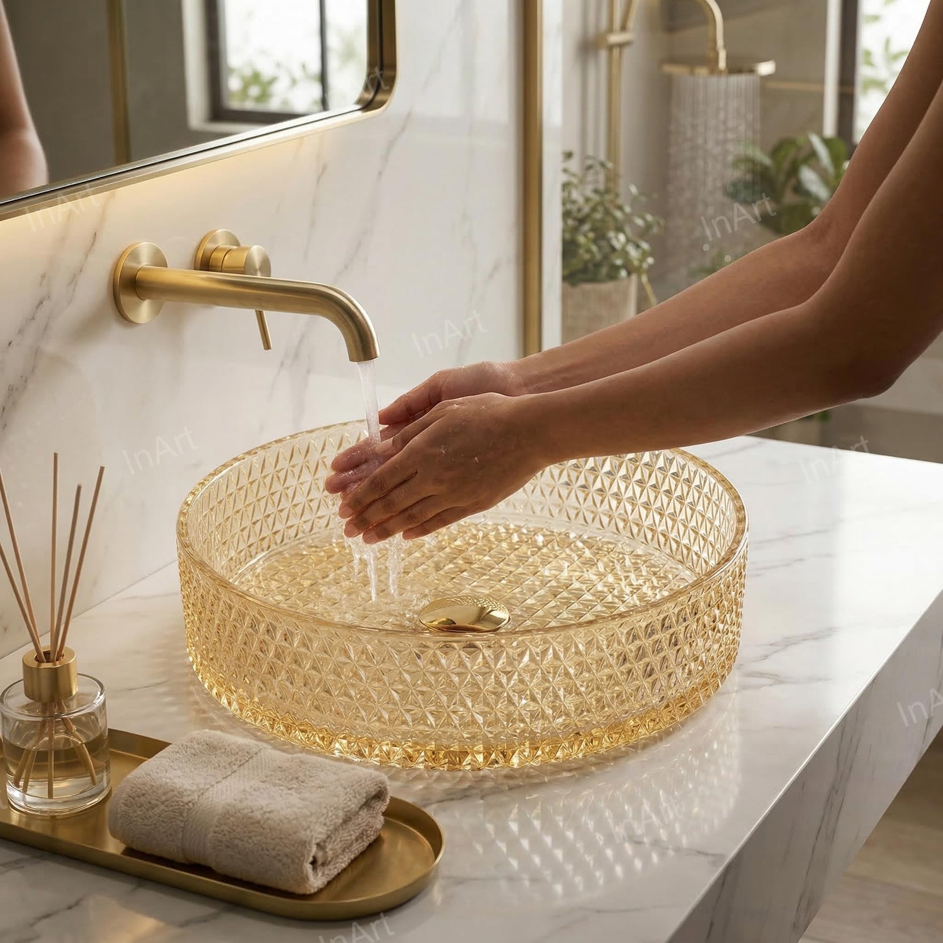 Side profile showing 120 mm height of round glass wash basin for table top installation