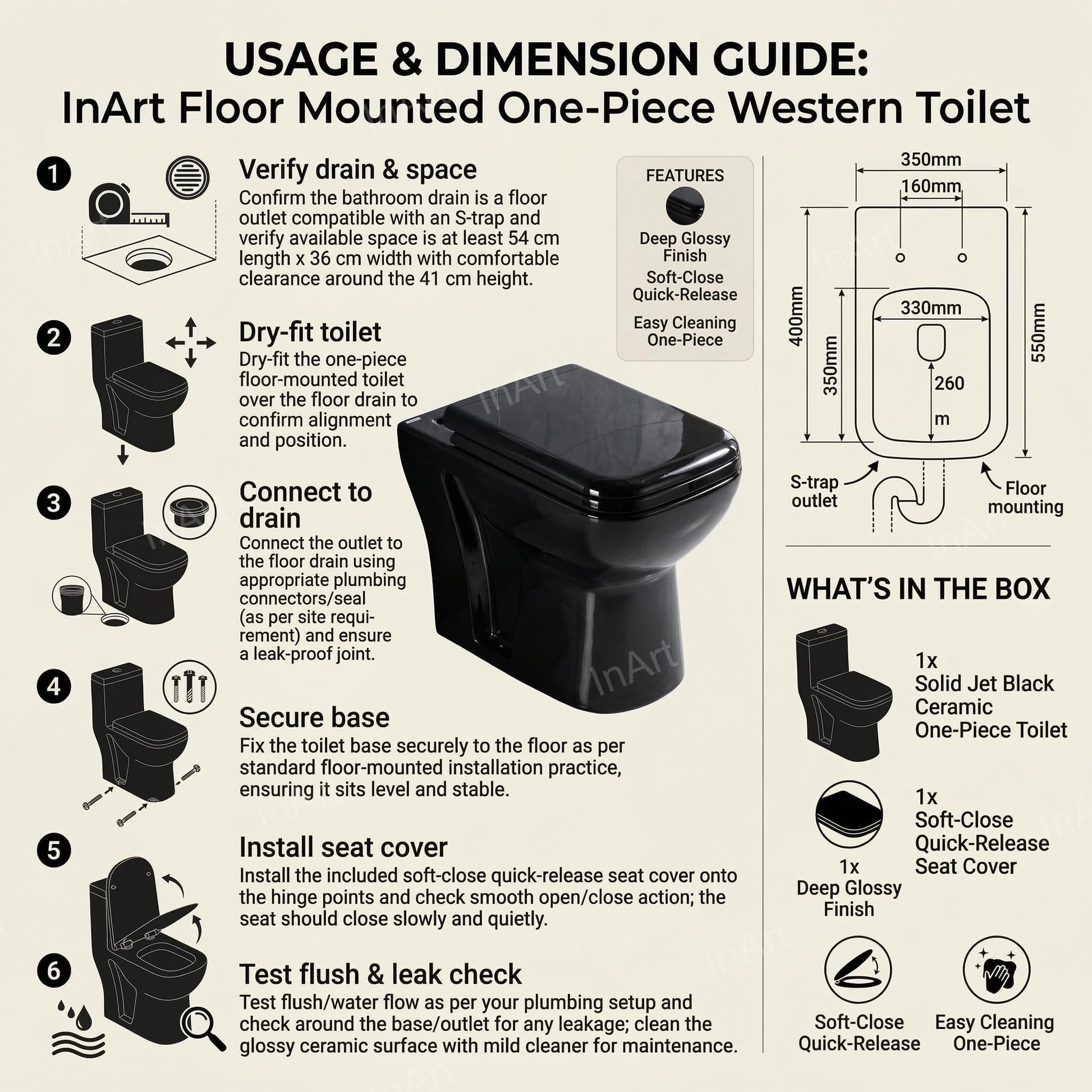 Floor mounted western water closet black with S trap outlet from floor, modern European commode style for washroom