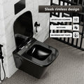 Close-up of soft close seat on InArt wall mounted commode, black glossy oval ceramic western toilet