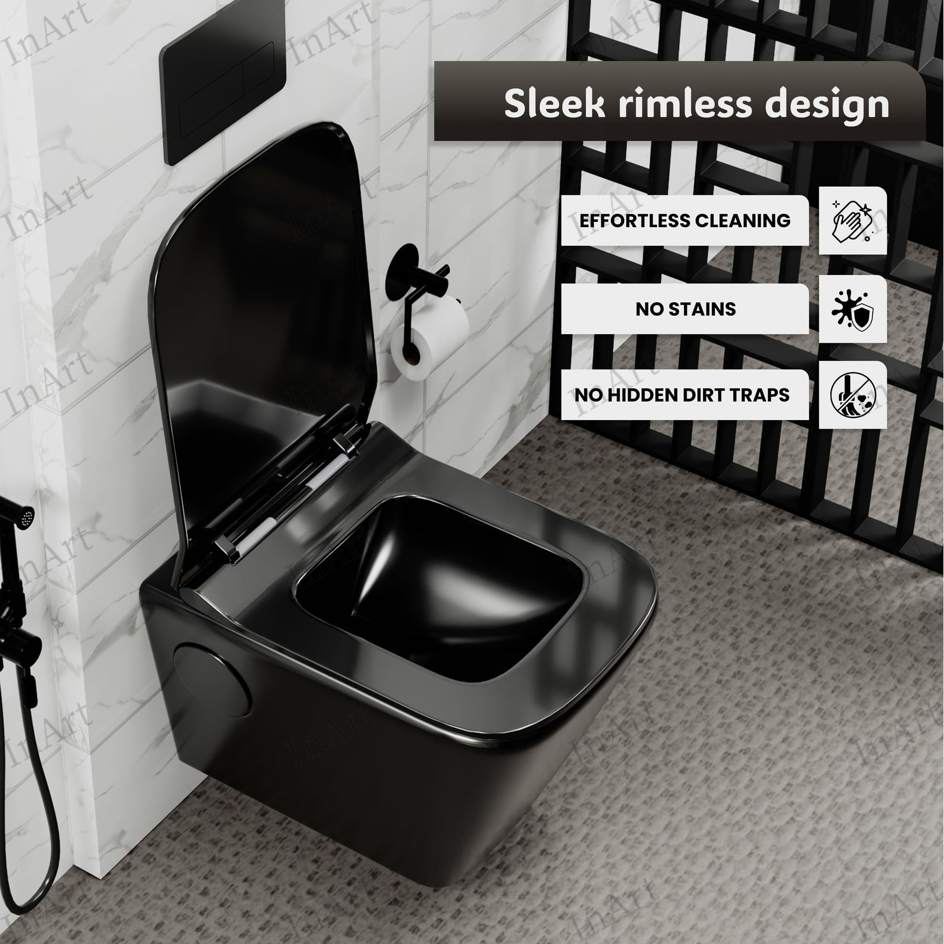 Close-up of soft close seat on InArt wall mounted commode, black glossy oval ceramic western toilet