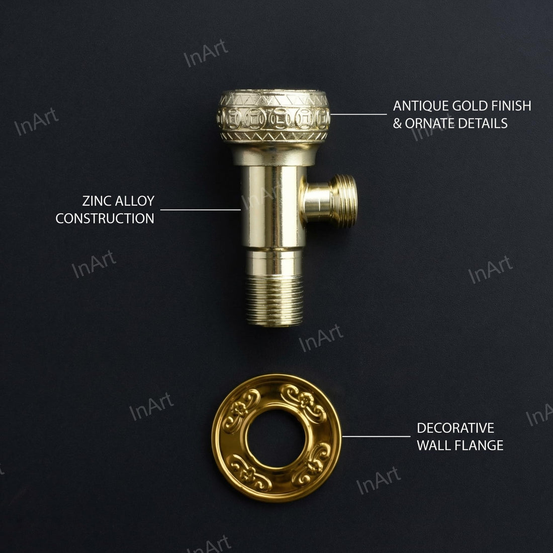 InArt zinc angle valve for wash basin 1 2 inch in antique gold finish with wall flange, front view