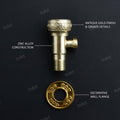 Antique gold angle cock for bathroom fittings, side angle view showing handle and 1 2 inch inlet