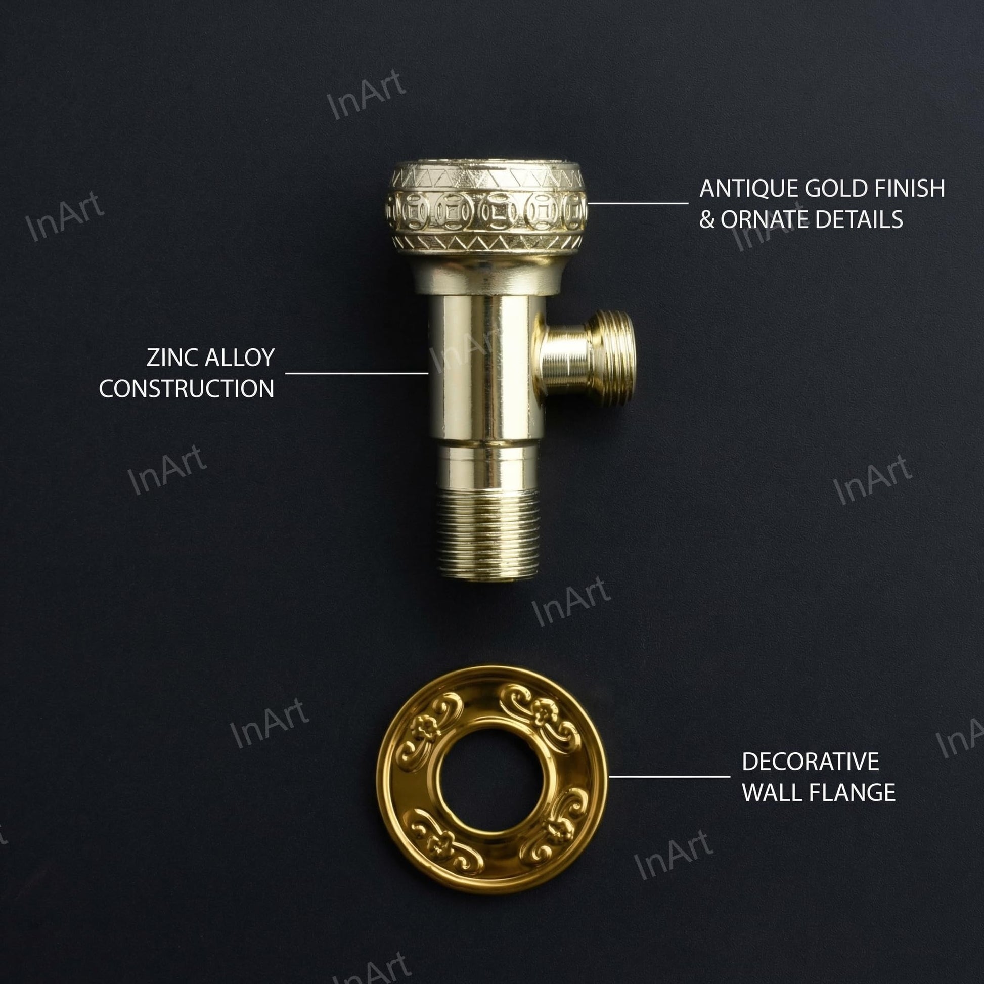 Antique gold angle cock for bathroom fittings, side angle view showing handle and 1 2 inch inlet