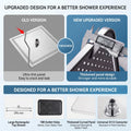 Large overhead rainfall shower head showing wide spray face and rectangular design