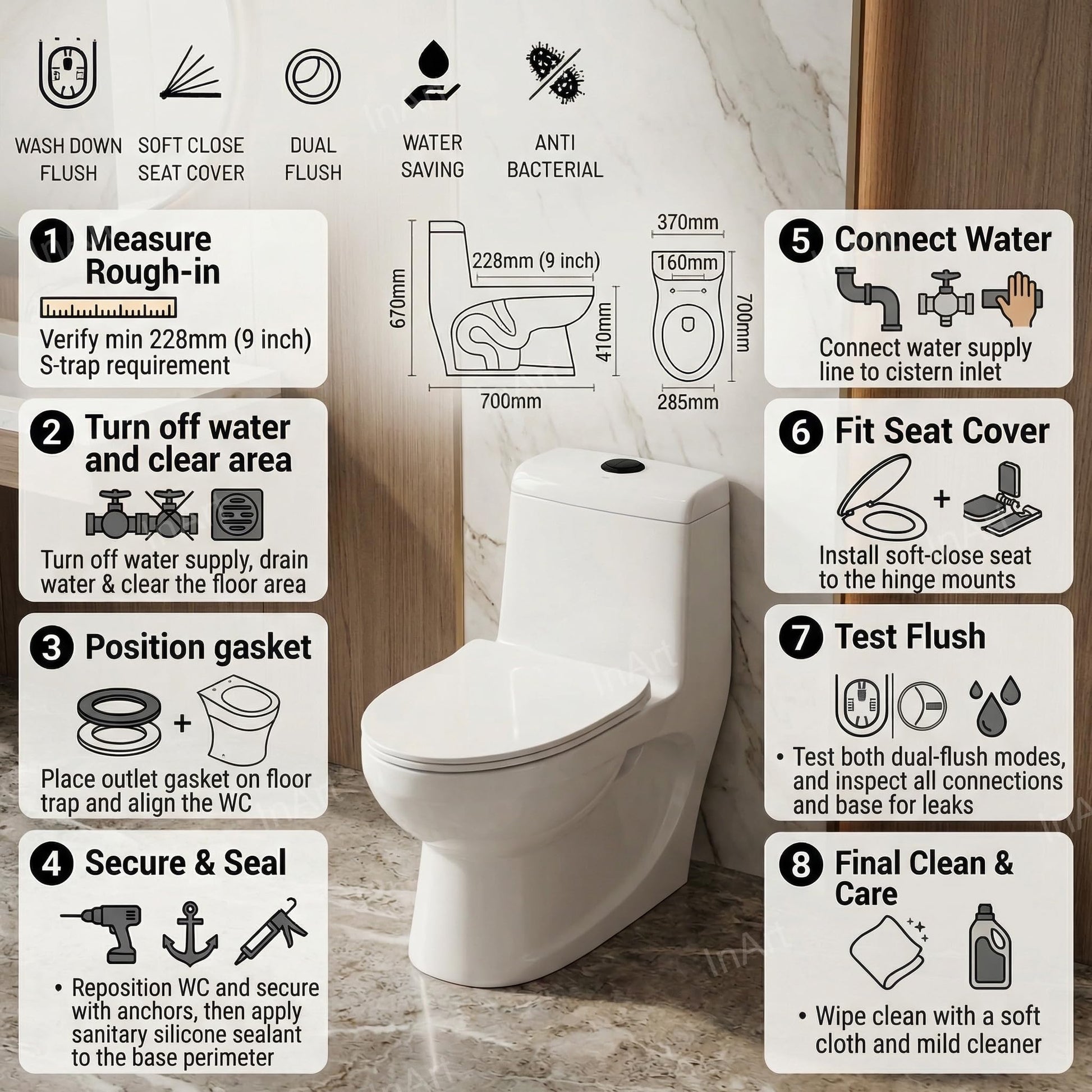Square rim and flush tank design of glossy white ceramic commode single piece for modern Indian bathroom