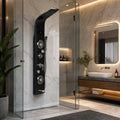 Detail of InArt shower panel handshower and hose in matte black finish for modern Indian bathroom