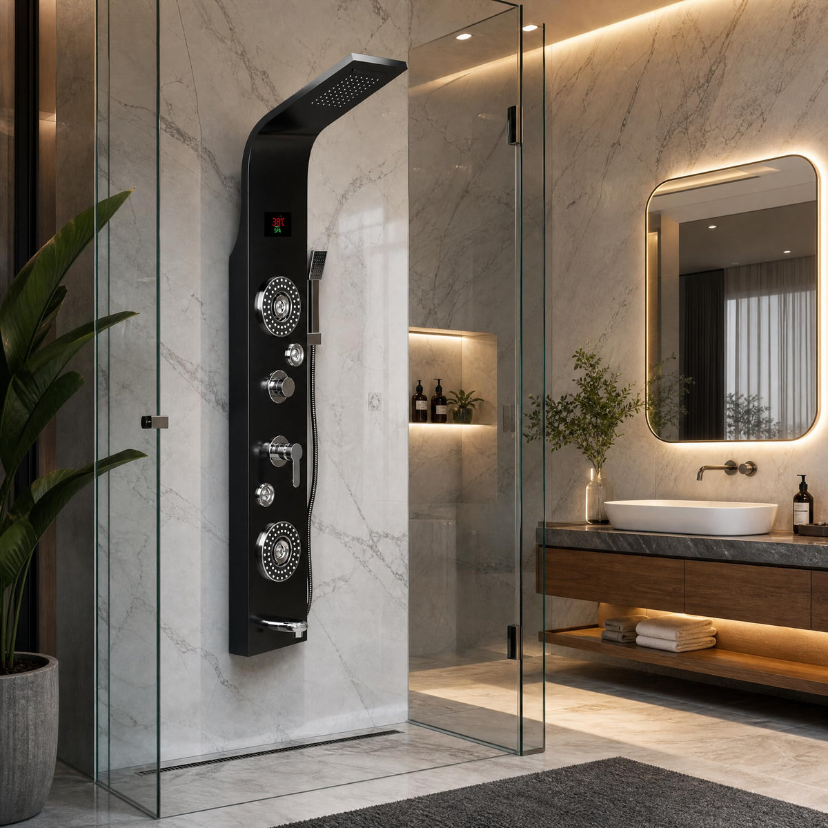 Detail of InArt shower panel handshower and hose in matte black finish for modern Indian bathroom