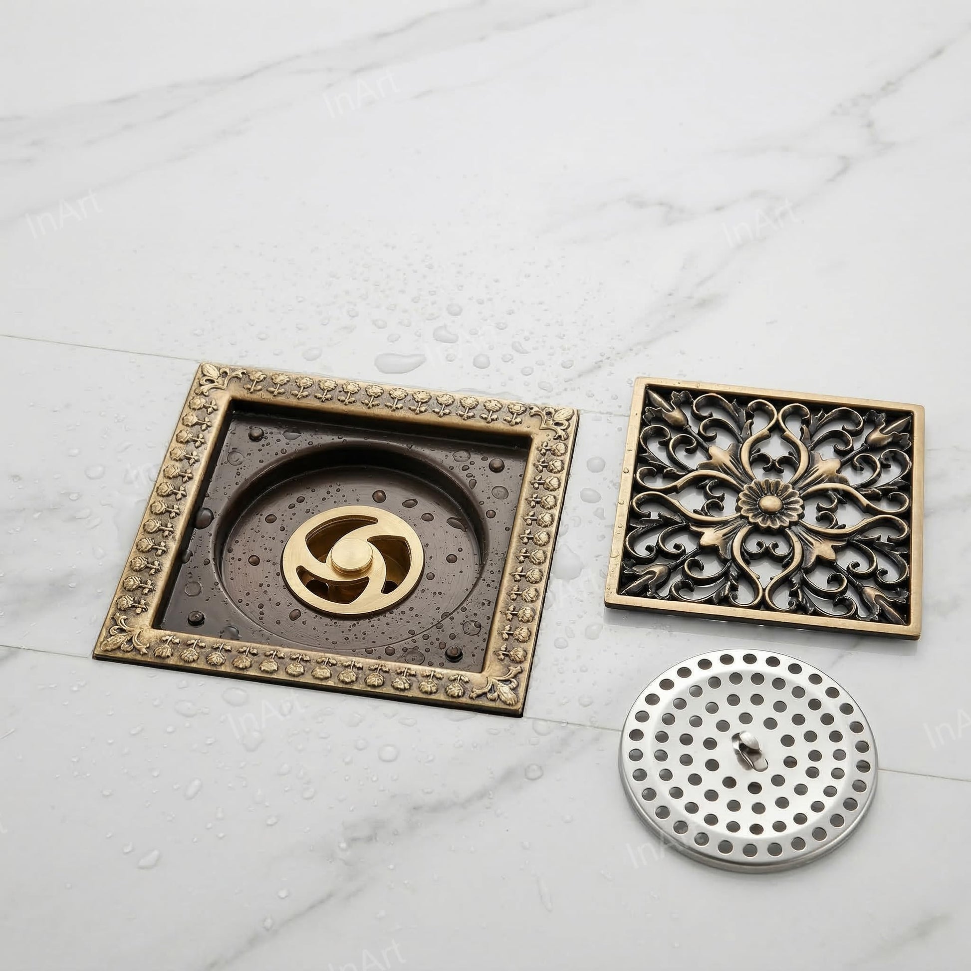 InArt Antique 7 brass floor drain jali, 5 year warranty, square bronze finish with cockroach trap