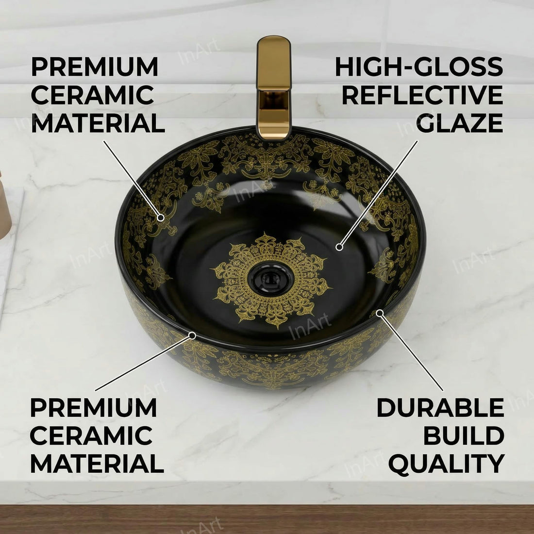 InArt ceramic table top wash basin design, glossy black round basin for modern bathroom, 41cm
