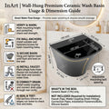 InArt wall mounted washbasin with half pedestal, glossy black finish, underside and mounting area view