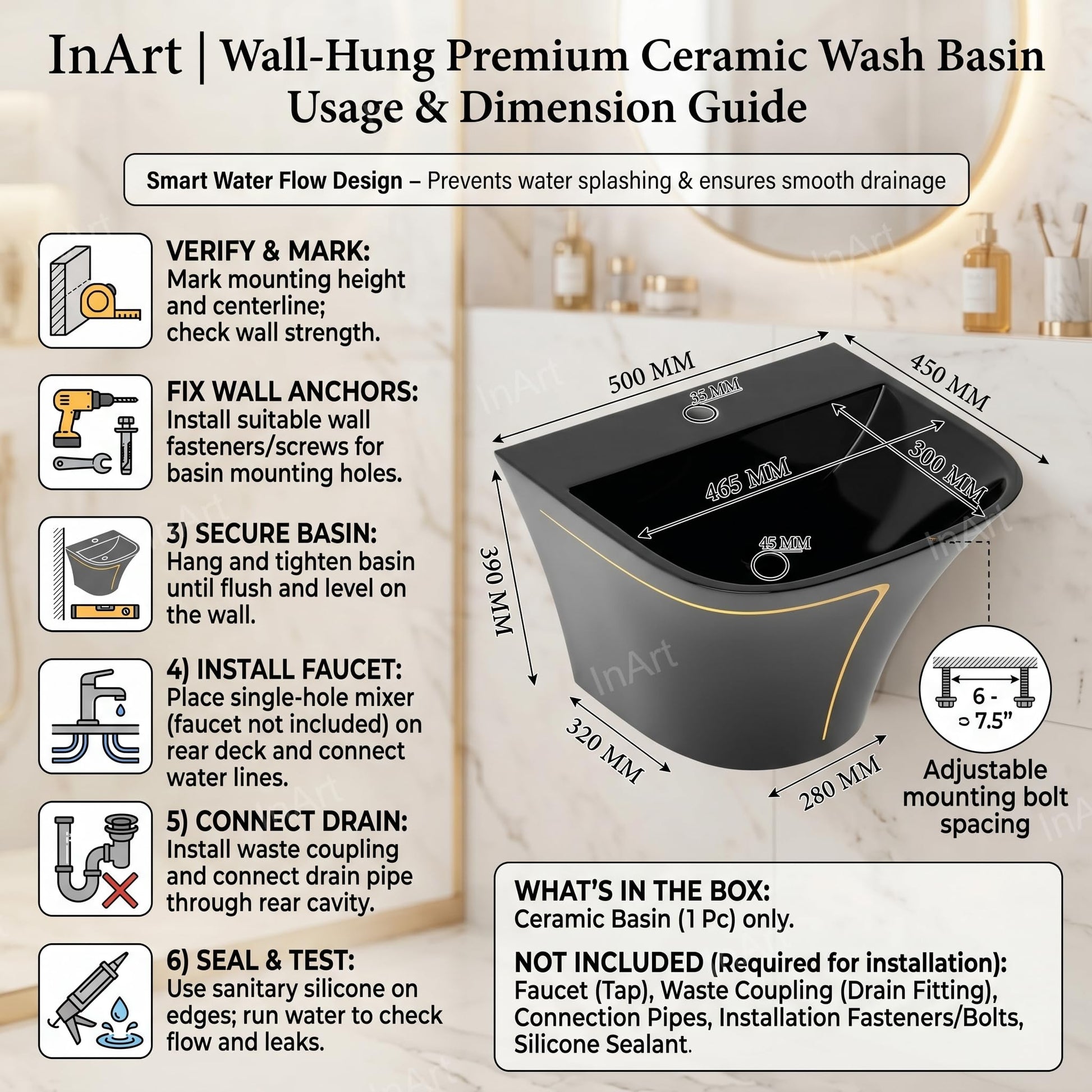 InArt wall mounted washbasin with half pedestal, glossy black finish, underside and mounting area view