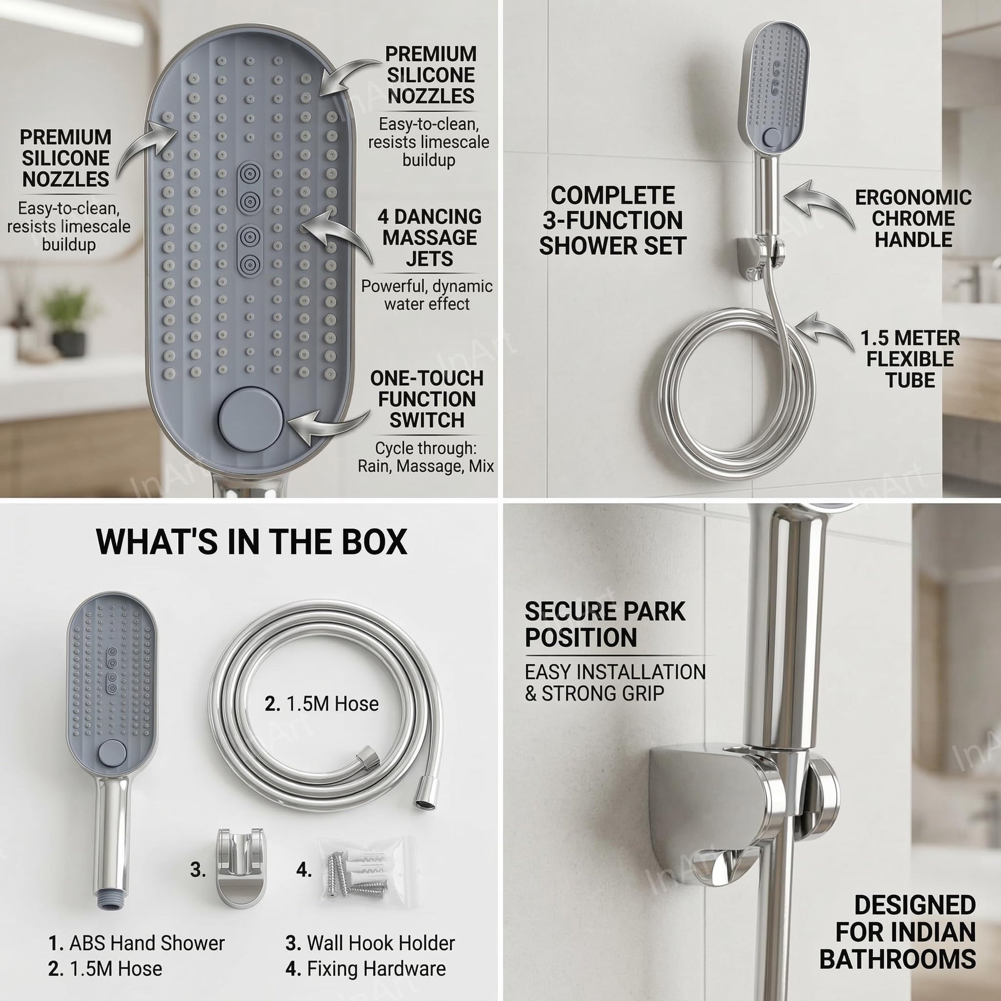 Bathroom sanitaryware hand shower set InArt, 3 function rain massage mix handheld shower head - side angle