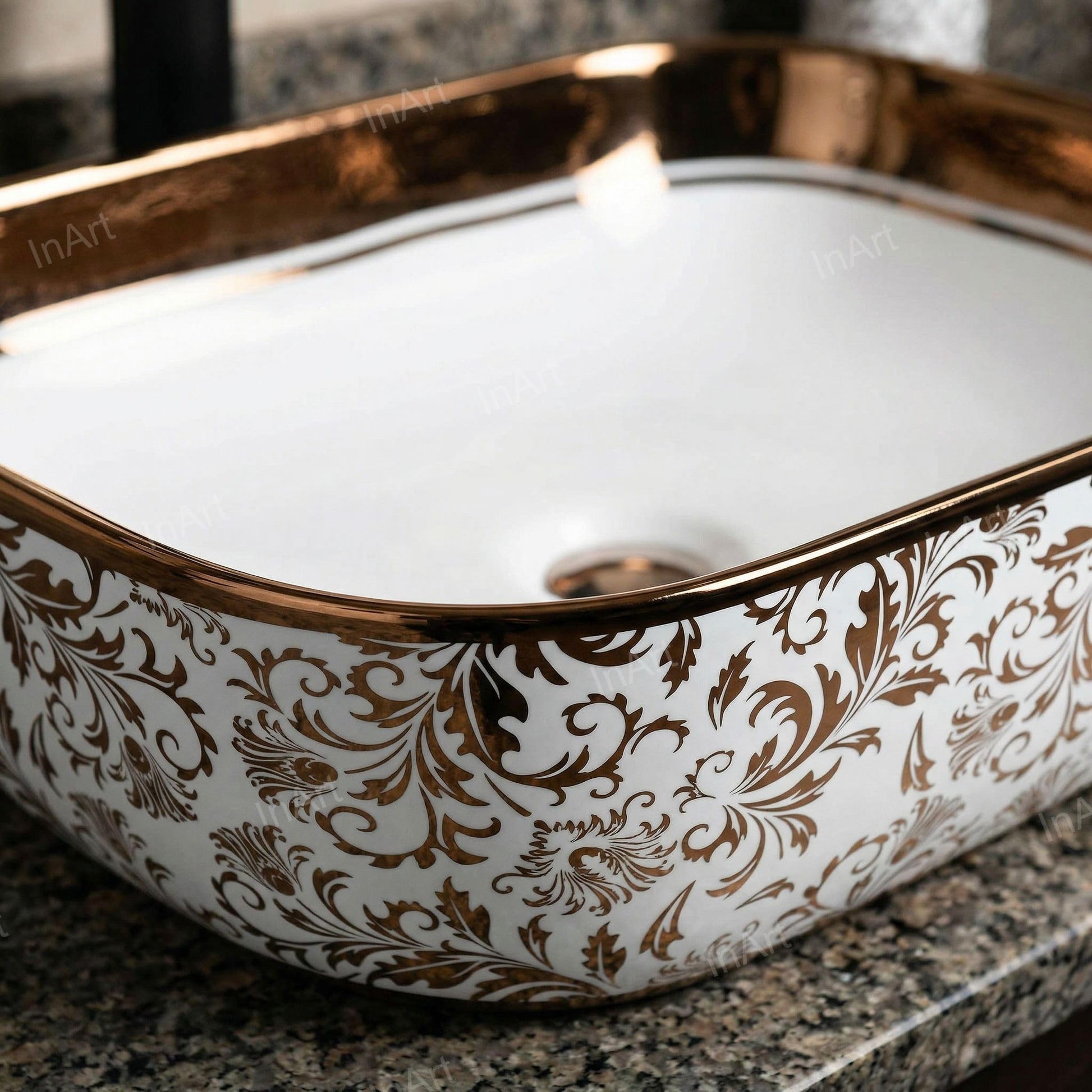 Table top wash basin counter design, rectangular rose gold ceramic basin on vanity top in bathroom