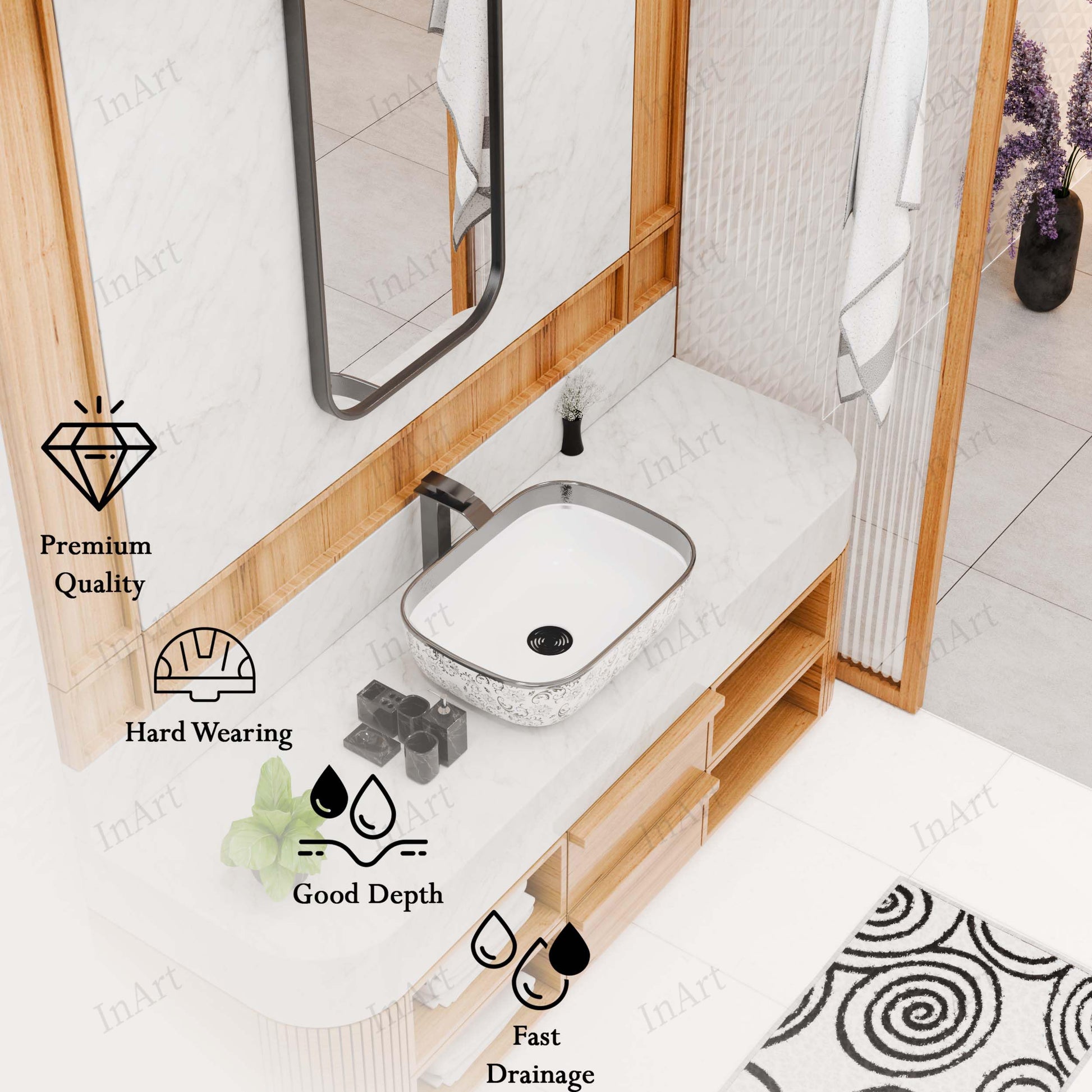 Close-up of silver white ceramic table top wash basin rim and finish, premium sanitaryware look