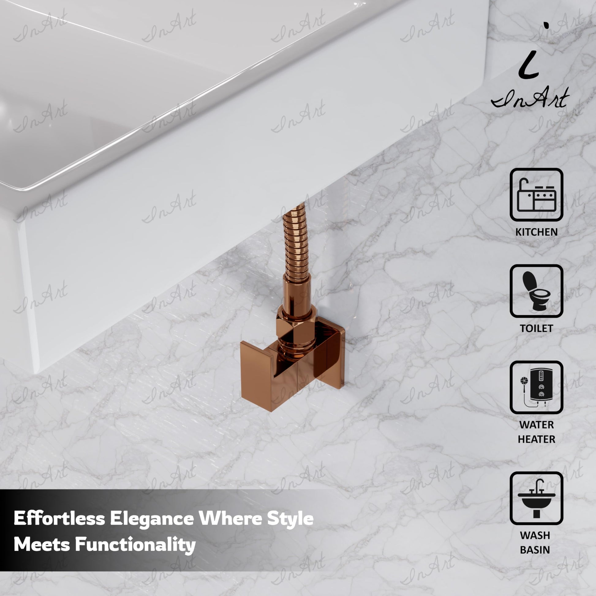 Angle valve for table top basin connection, InArt rose gold finish, heavy duty brass, close-up handle detail