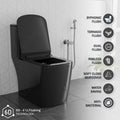 Rimless single piece WC in black ceramic, floor mounted one piece closet with soft close seat, 3/4 view