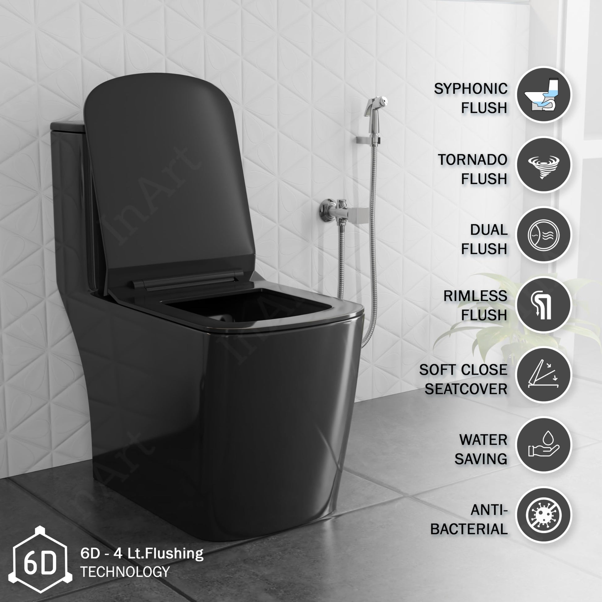 Rimless single piece WC in black ceramic, floor mounted one piece closet with soft close seat, 3/4 view