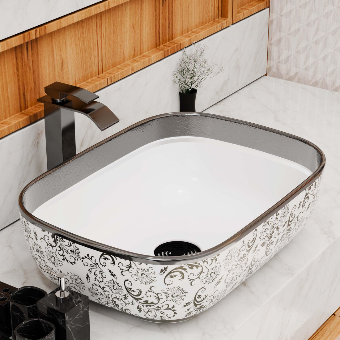 washbasindesign InArt ceramic rectangular table top wash basin in silver white, front view
