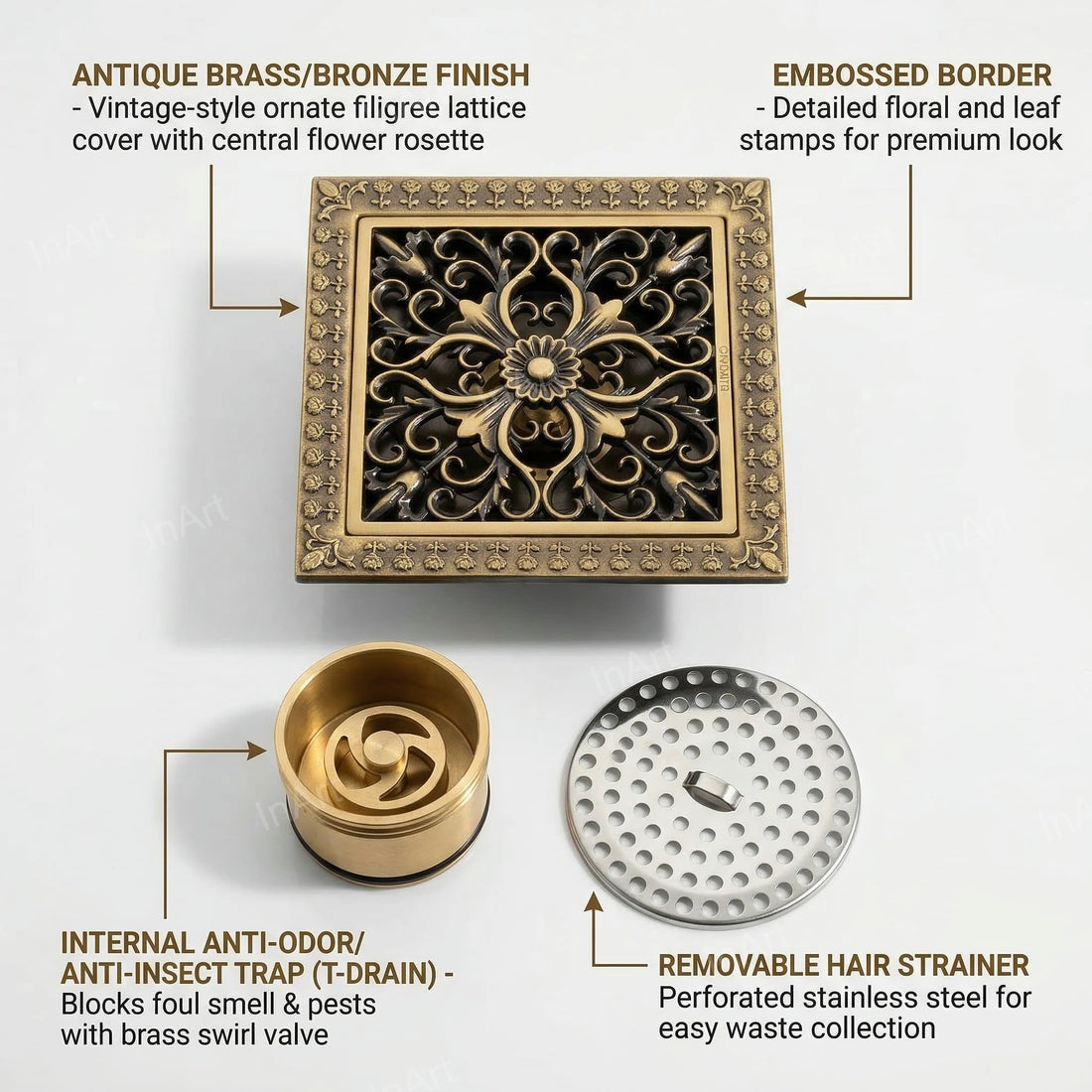 InArt cockroach jali 4 inch in antique brass, square floor drain cover with trap for bathroom and kitchen