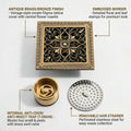 Square brass floor drain jali with cockroach trap, angled view in bronze finish for 4 inch pipe fitting