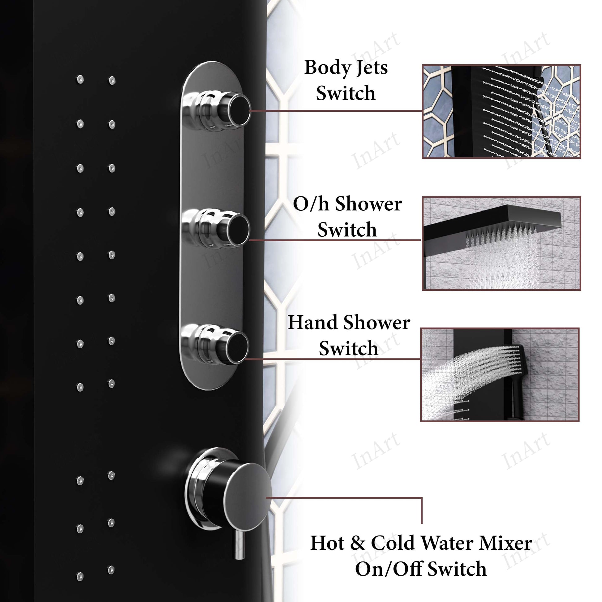 InArt 304 grade stainless steel shower panel, close-up of hot and cold mixer lever in matte black finish