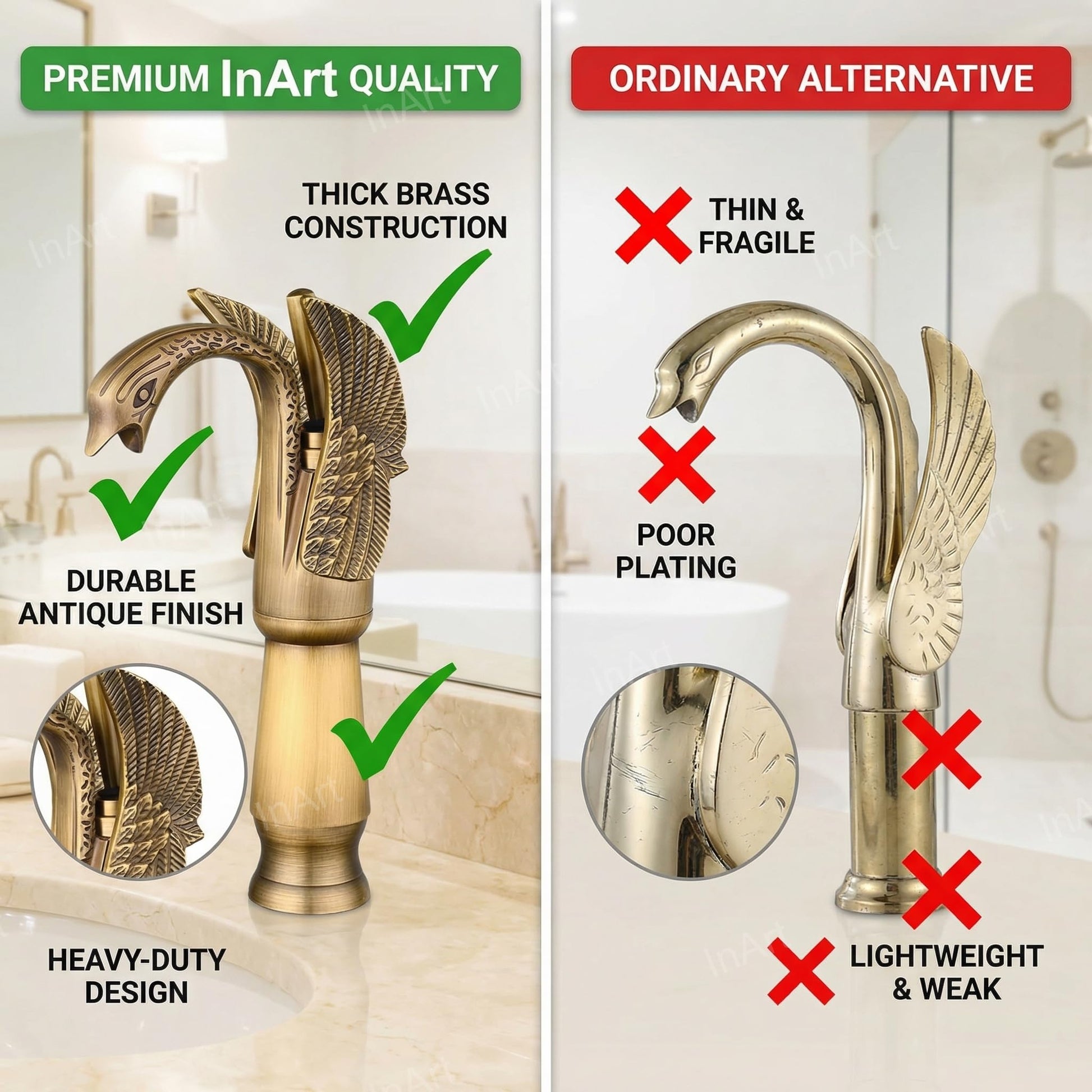 Bathroom interior look with antique swan neck wash basin mixer single lever, premium brass tap for washroom
