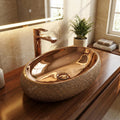 Close-up of rose gold polished ceramic wash basin rim, premium table top basin design detail