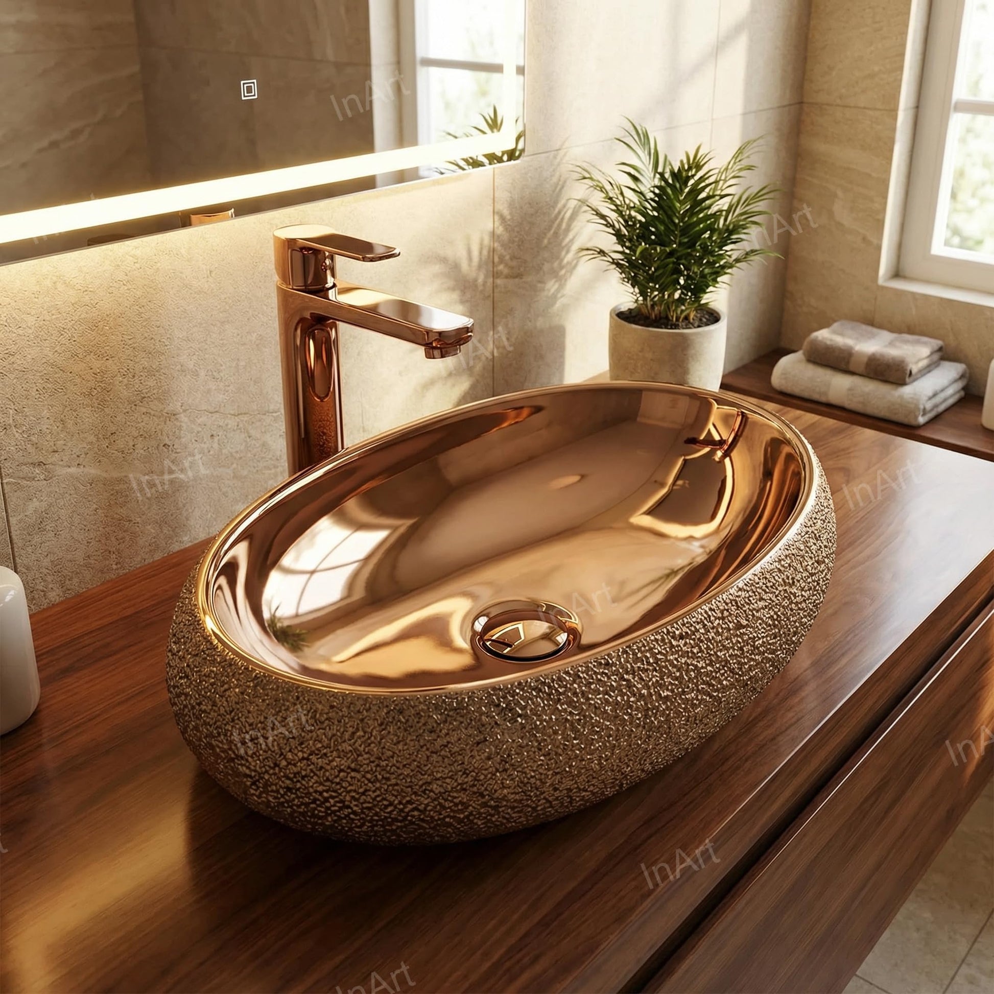 Close-up of rose gold polished ceramic wash basin rim, premium table top basin design detail