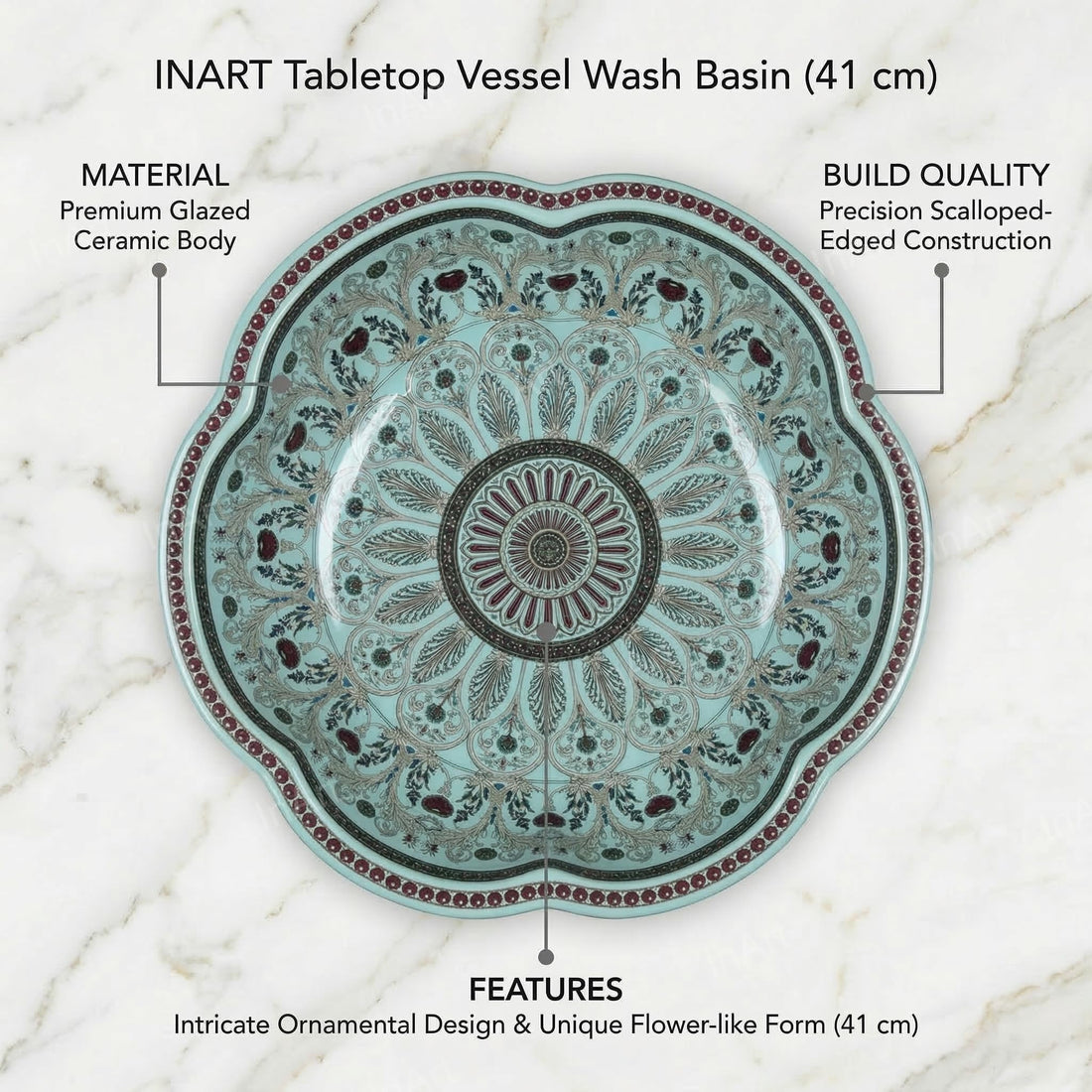 InArt ceramic table top wash basin, round glossy light blue finish, main front view