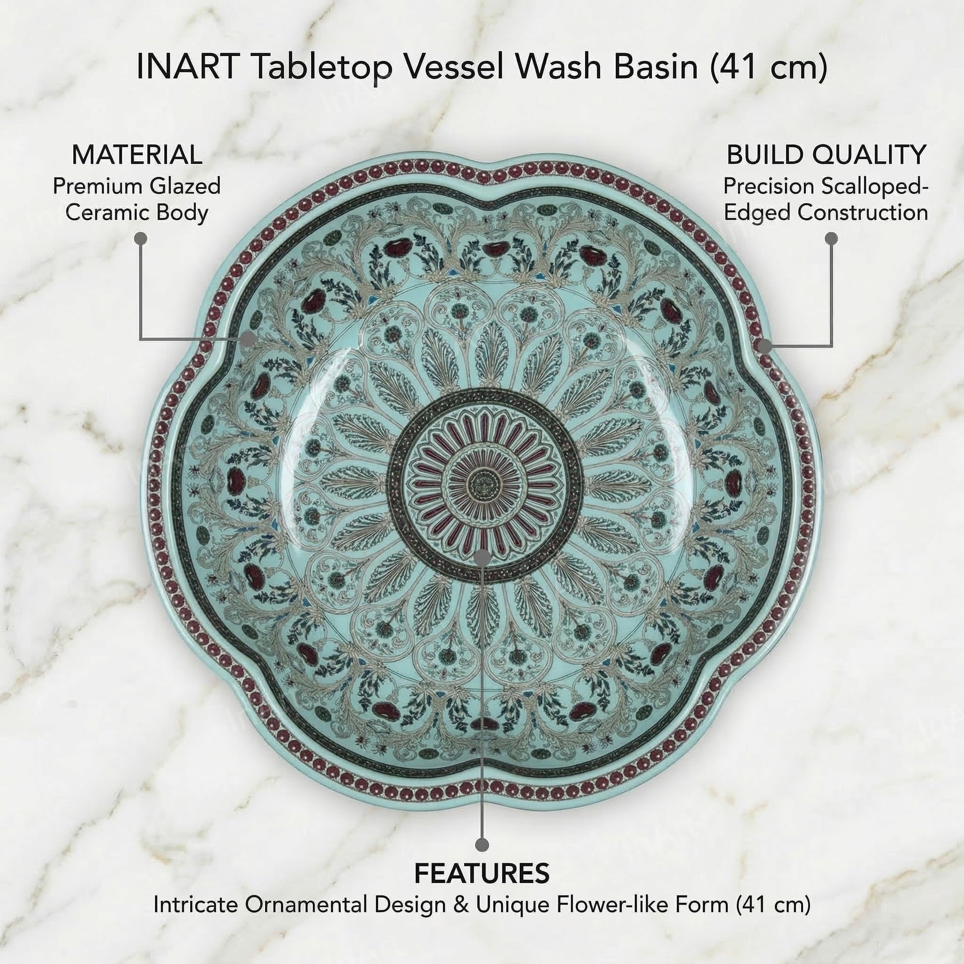 Table top basin design in glossy light blue ceramic, angled view for modern bathroom