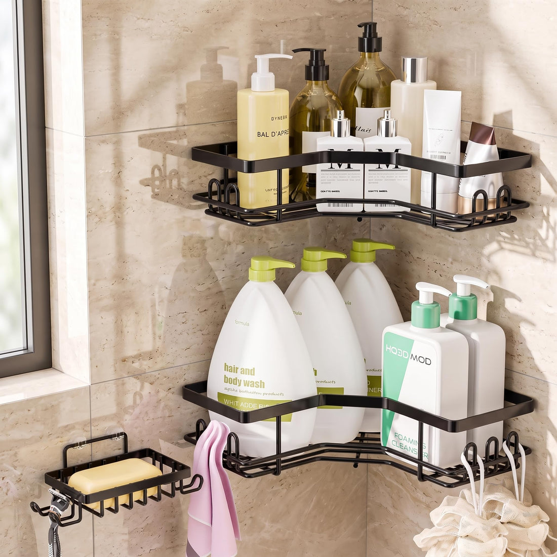 Black self-adhesive corner shower caddy set with two shelves and soap holder