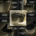 Modern bathroom wall mounted WC design, oval rimless ceramic commode in black with gold trim, side angle