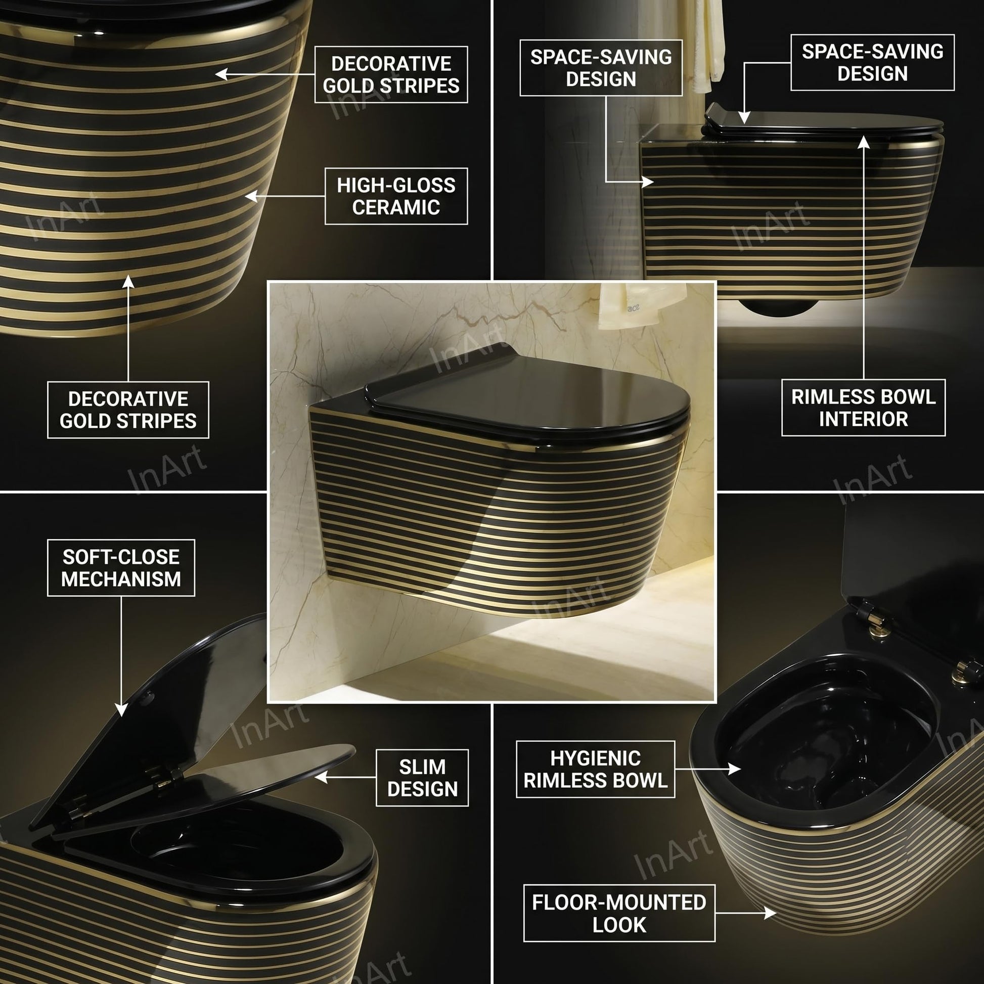 Modern bathroom wall mounted WC design, oval rimless ceramic commode in black with gold trim, side angle