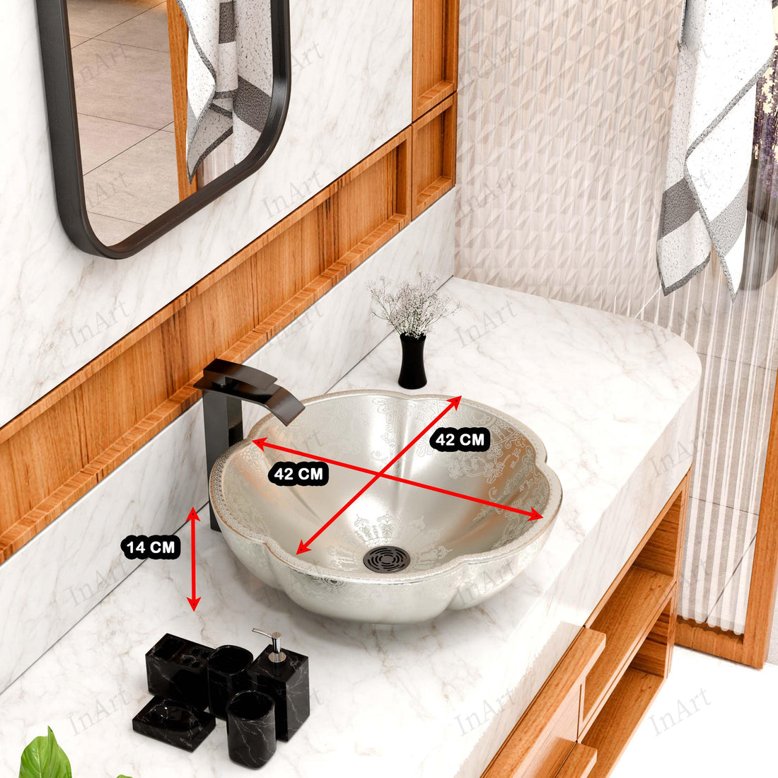 InArt cera table top wash basin, silver square ceramic countertop basin for modern bathroom