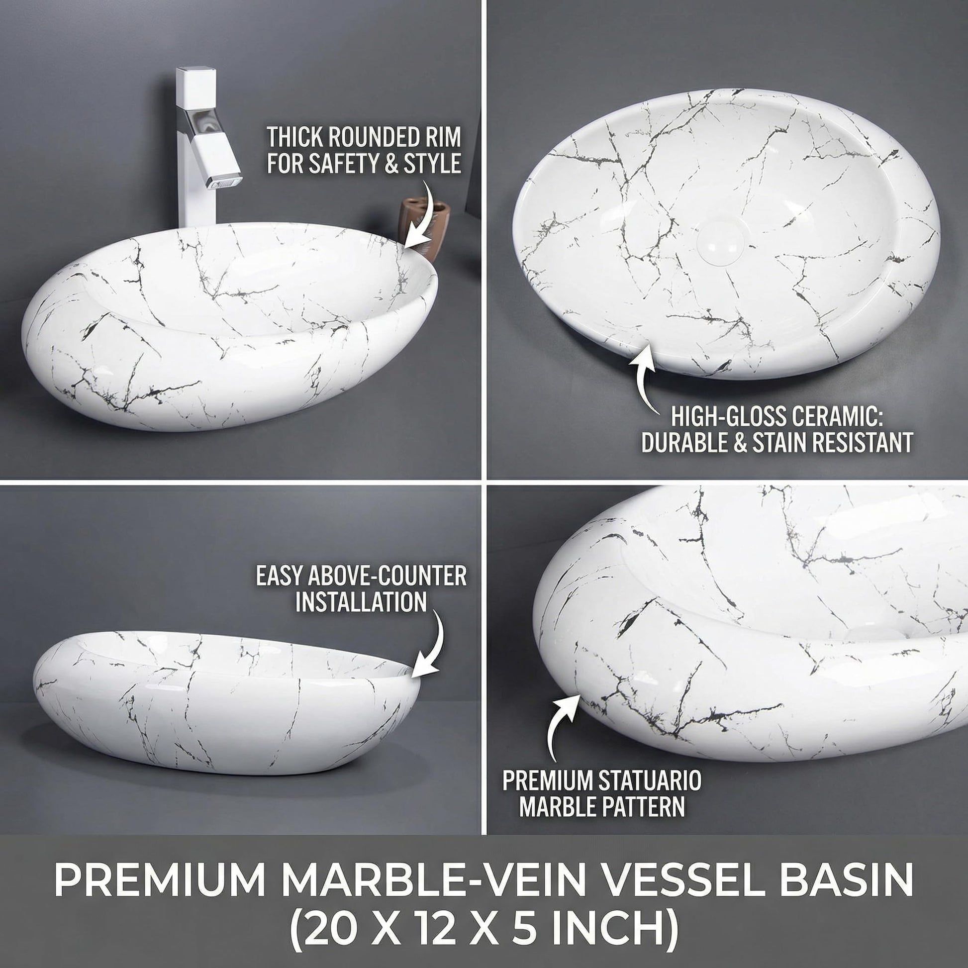 Ceramic table top wash basin design for bathroom, Satvario white and grey marble finish, side angle