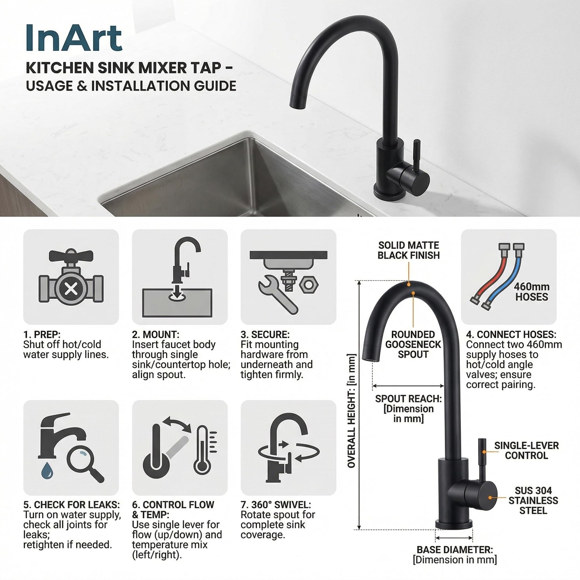 Top view of black sink mixer showing single lever control and curved spout for kitchen sink use