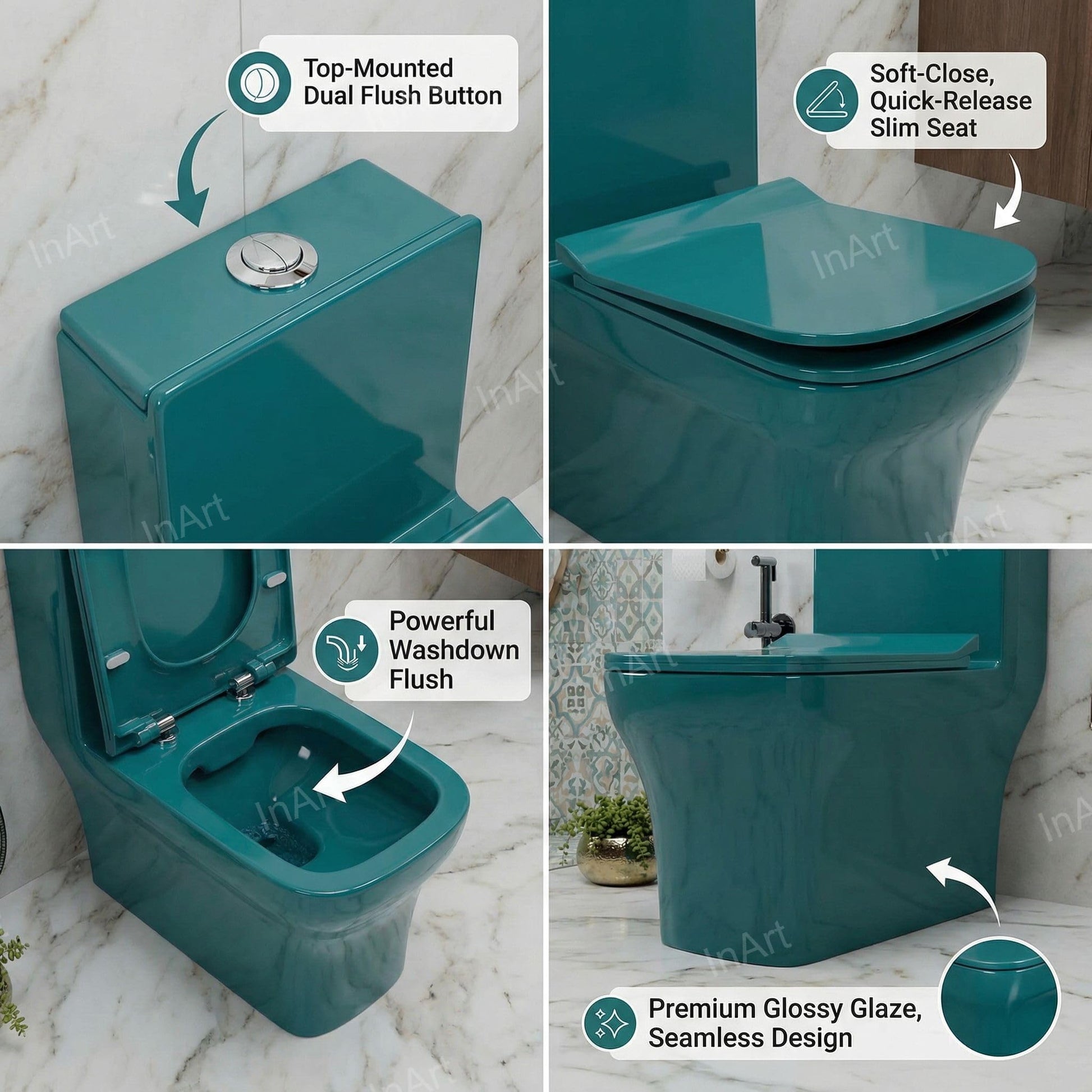 InArt ceramic one piece closet in glossy green with dual flush button, compact elongated commode, rear angle view