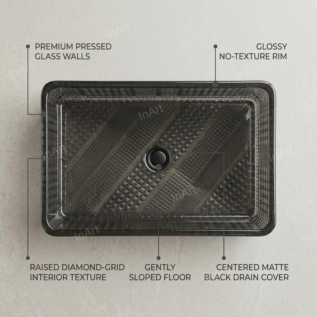 InArt black table top wash basin, rectangular glass over counter sink, front view