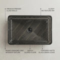 Modern black glass wash basin, rectangular table top design, 3/4 angle view