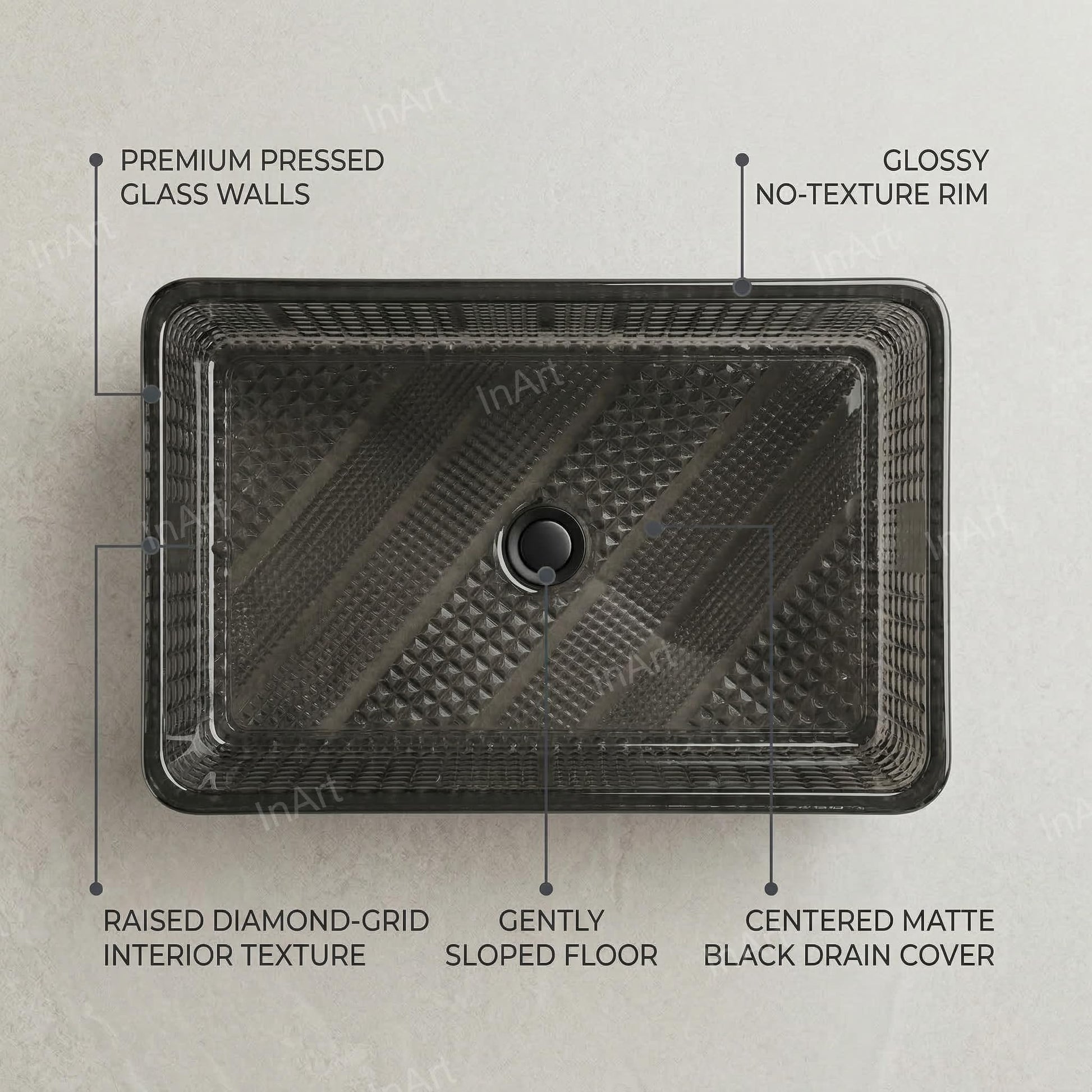 Modern black glass wash basin, rectangular table top design, 3/4 angle view